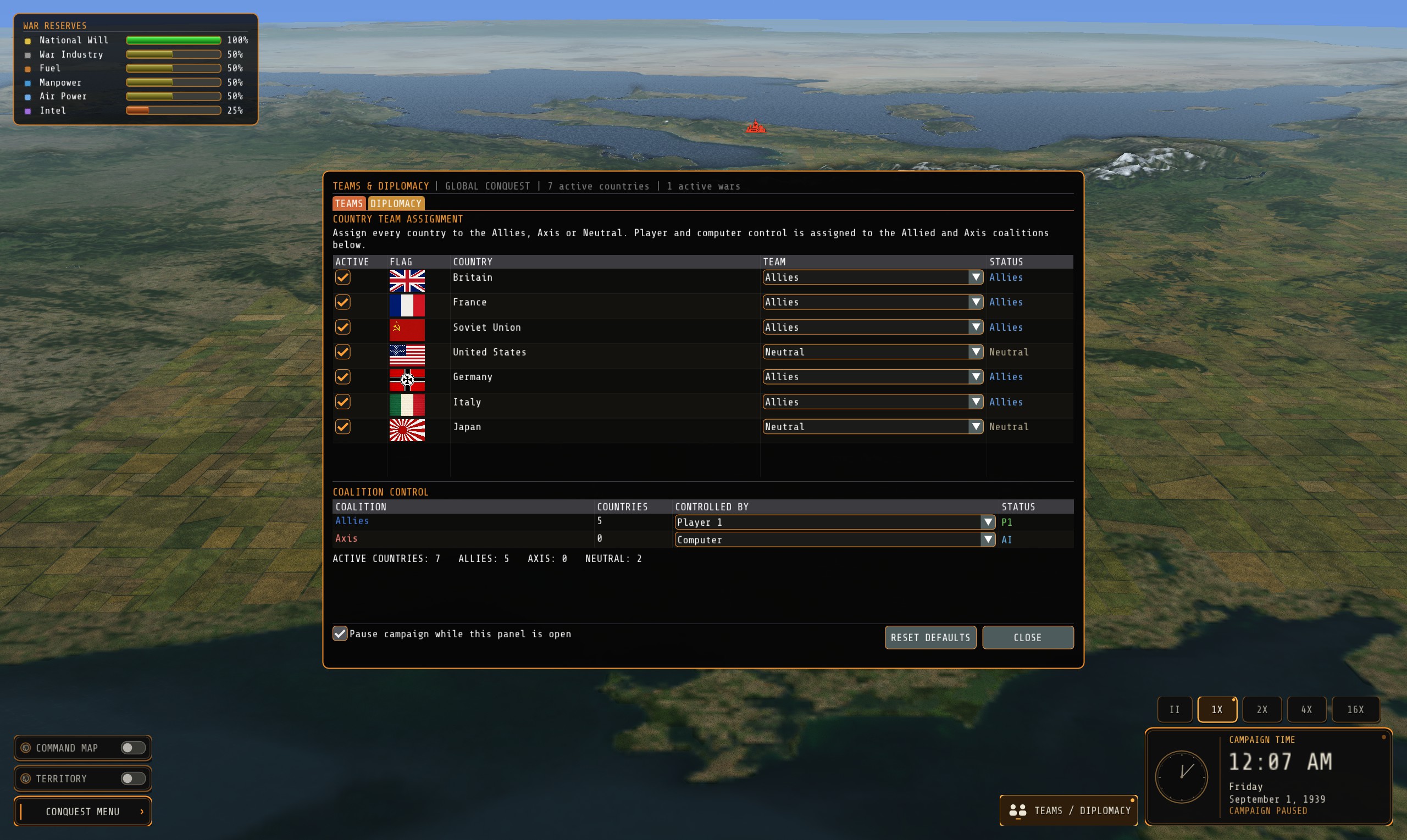 Diplomacy interface in 20th Century Warfare